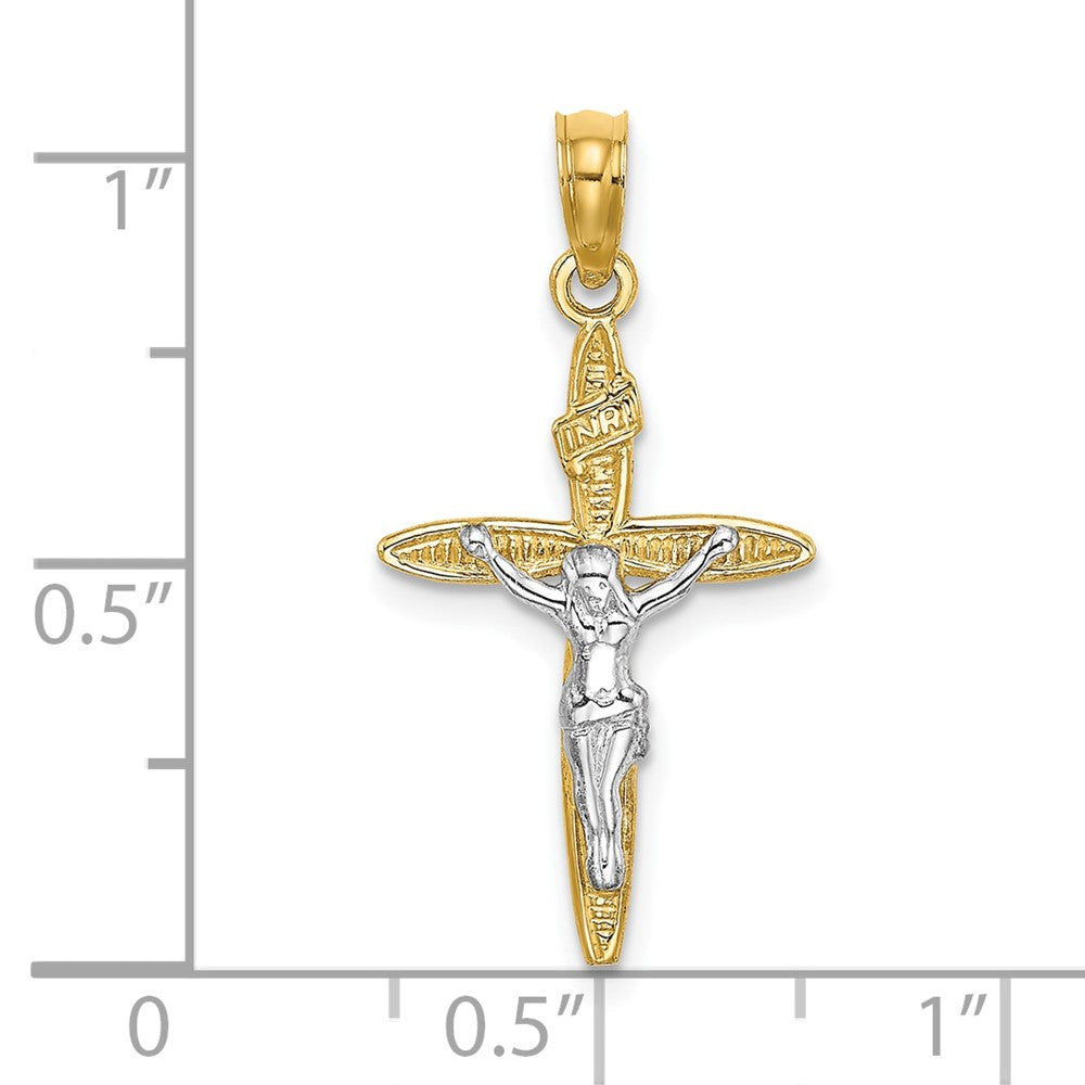 10k Yellow w/Rhodium 15 mm INRIJesus Crucifix Charm (0.65 grams)