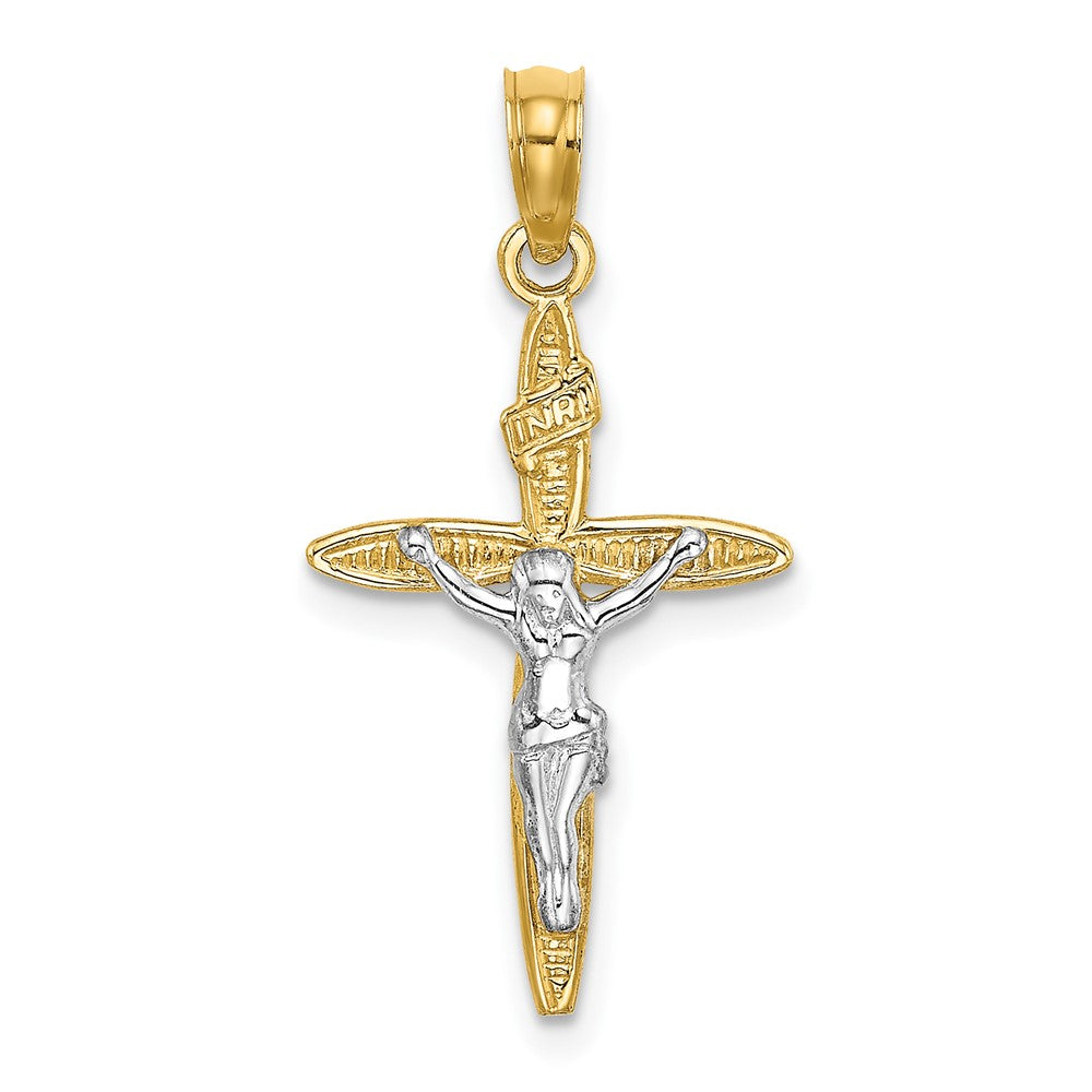 10k Yellow w/Rhodium 15 mm INRIJesus Crucifix Charm (0.65 grams)
