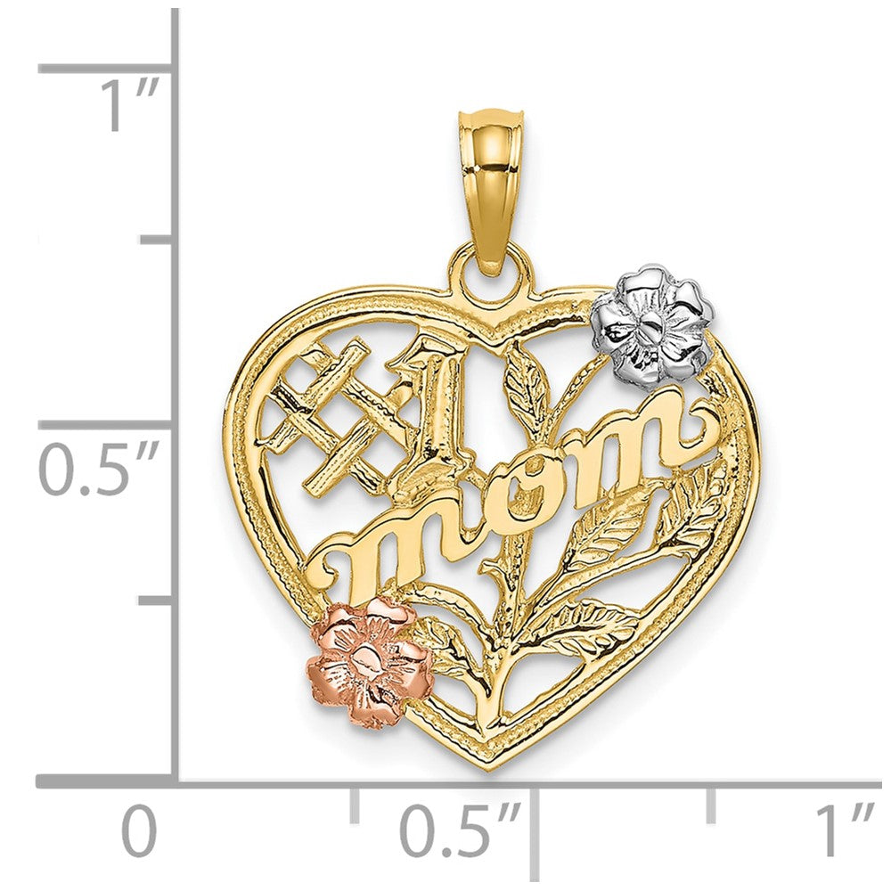 10k Two-tone 19 mm #1 MOM Heart w/ Flower Charm (1.54 grams)