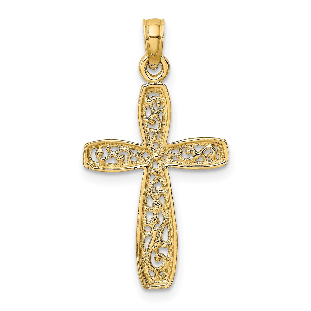 10k Yellow w/Rhodium 13 mm Filigree Cross Charm (0.82 grams)