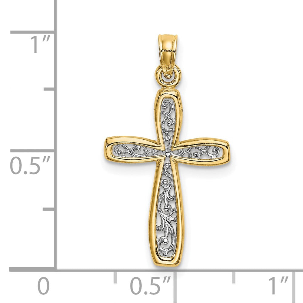 10k Yellow w/Rhodium 13 mm Filigree Cross Charm (0.82 grams)
