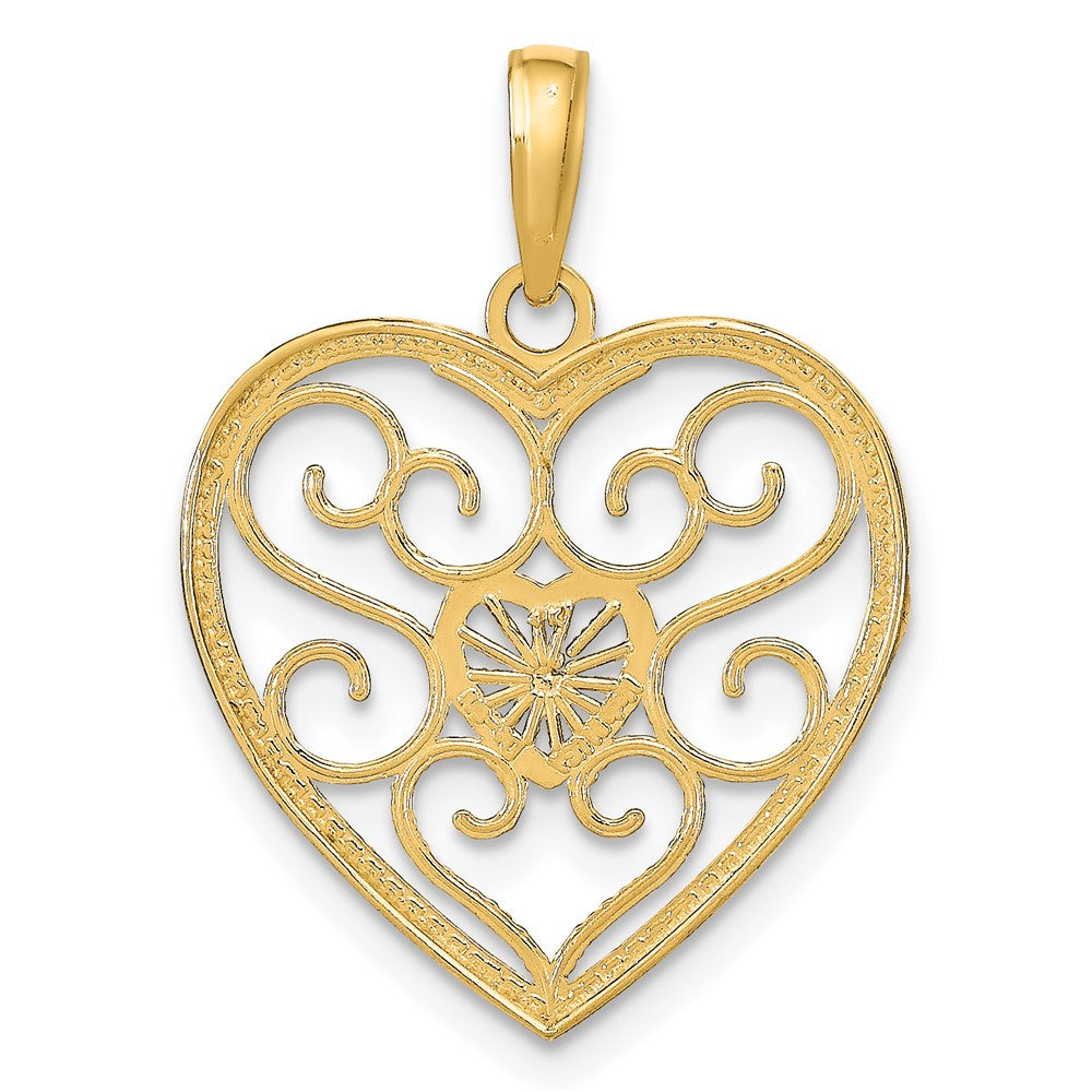 10k Yellow w/Rhodium 19.8 mm Filigree Beaded Heart Charm (0.91 grams)