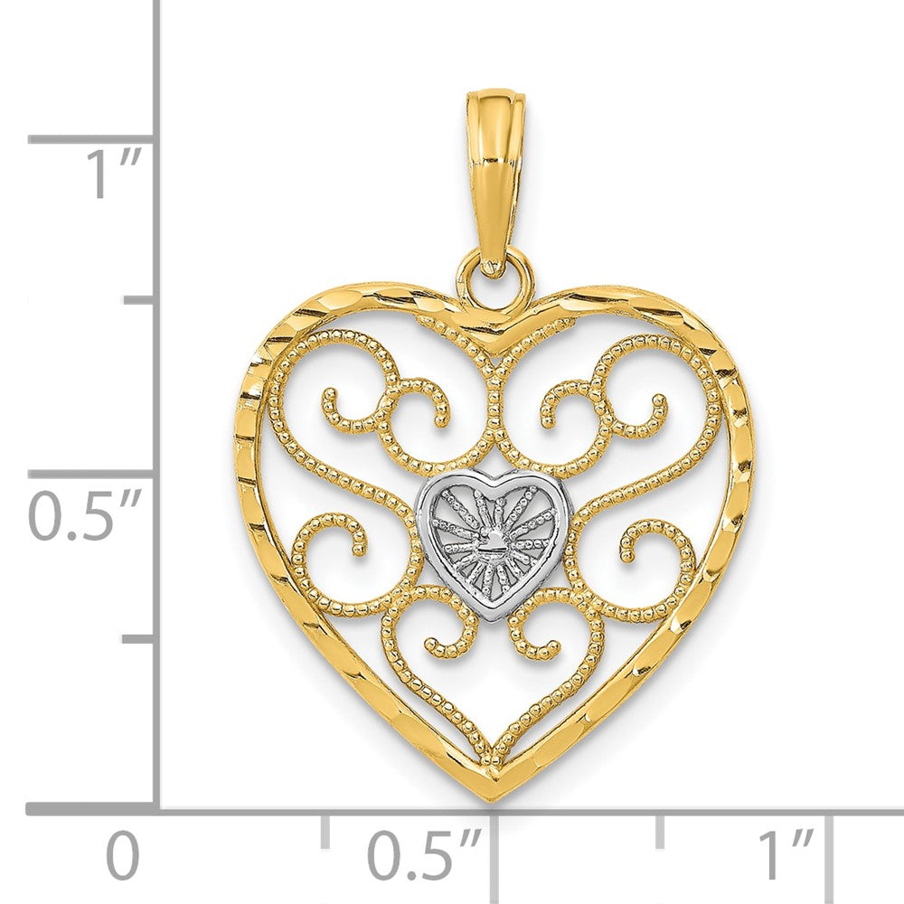 10k Yellow w/Rhodium 19.8 mm Filigree Beaded Heart Charm (0.91 grams)