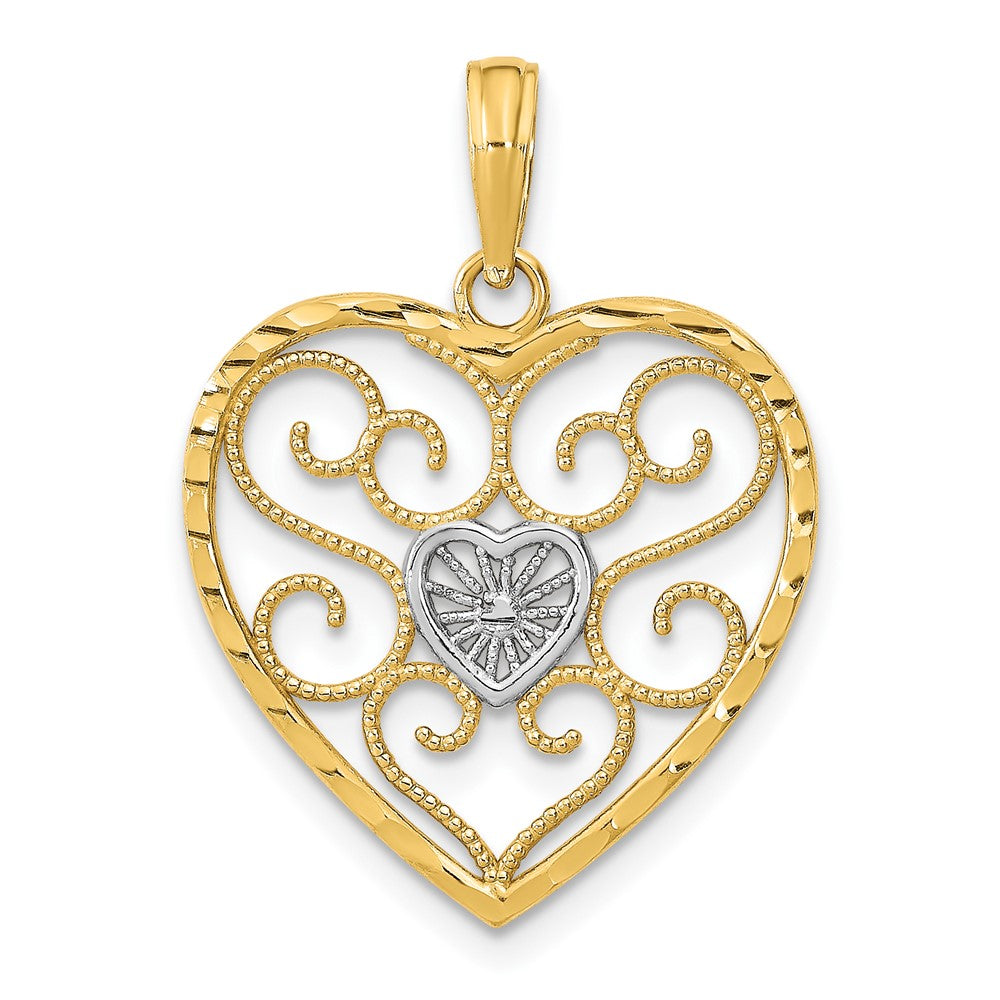 10k Yellow w/Rhodium 19.8 mm Filigree Beaded Heart Charm (0.91 grams)