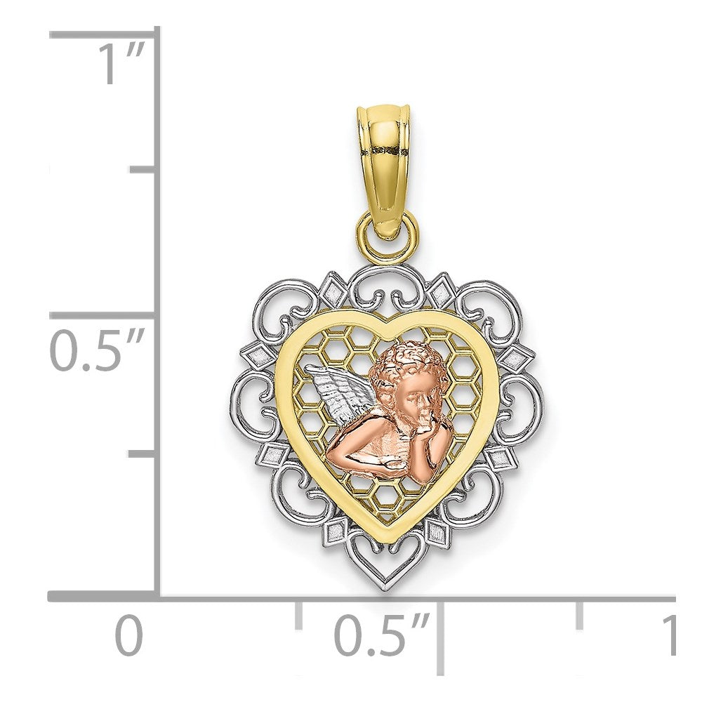 10k Two-tone 14 mm Small Angel In Heart Charm (0.8 grams)