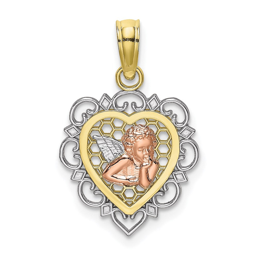 10k Two-tone 14 mm Small Angel In Heart Charm (0.8 grams)
