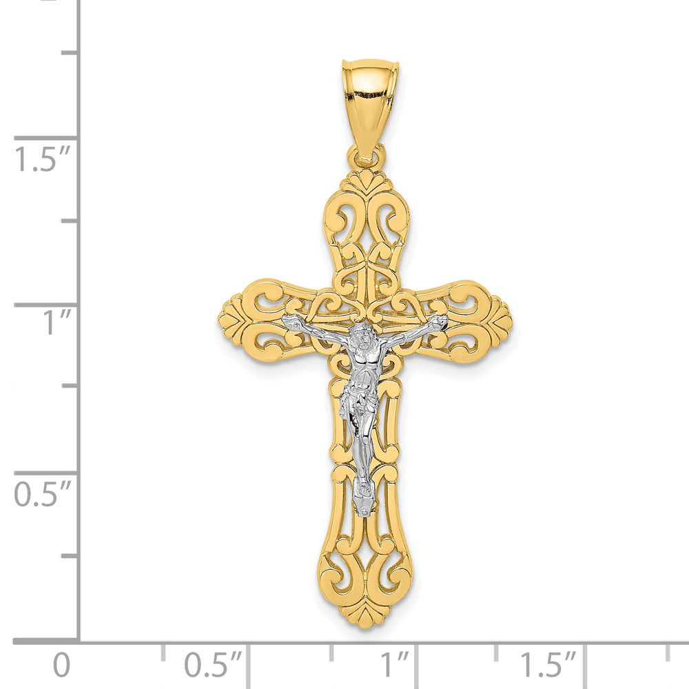 10k Yellow w/Rhodium 23 mm Jesus Crucifix W/ Scrolled Tips Charm (2.3 grams)