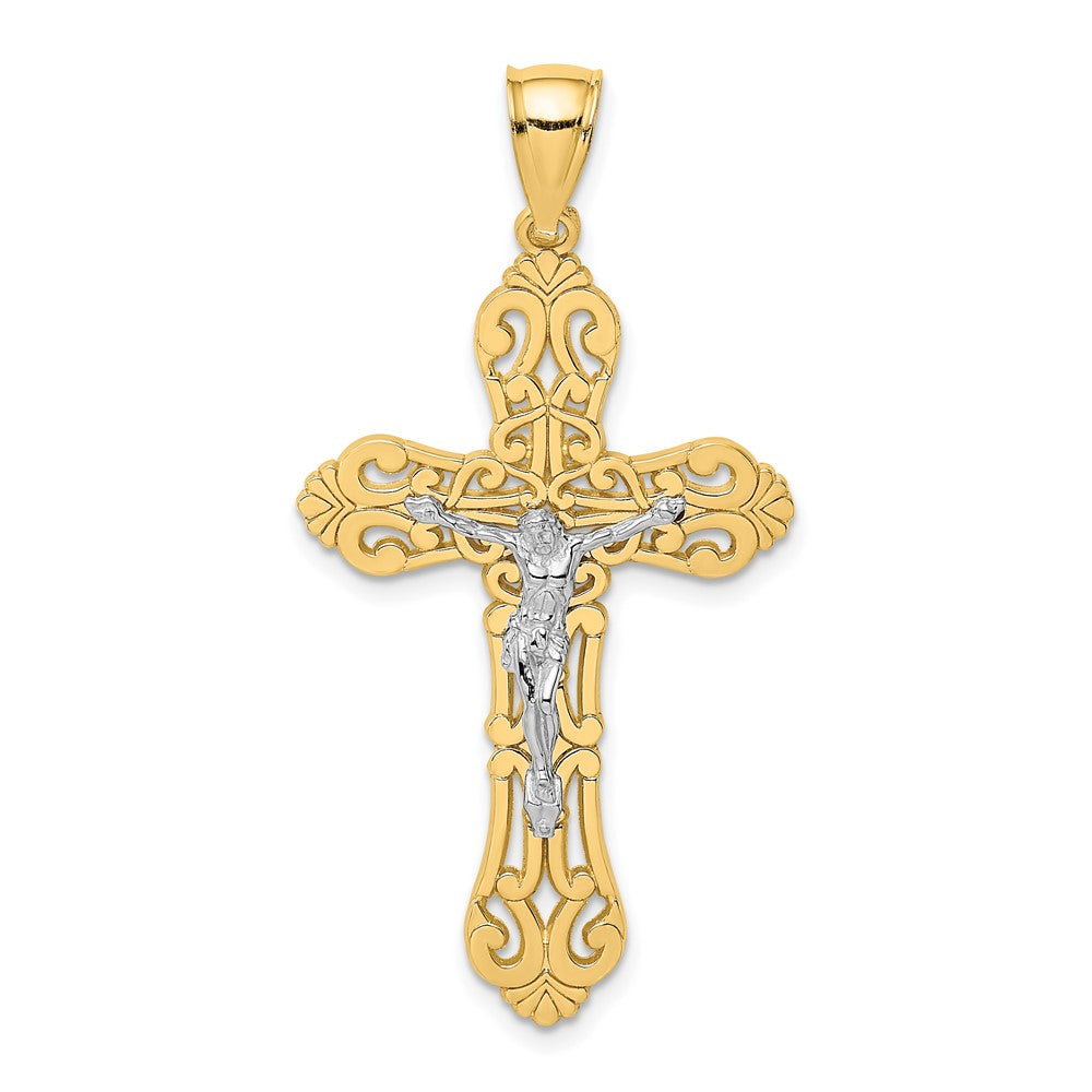 10k Yellow w/Rhodium 23 mm Jesus Crucifix W/ Scrolled Tips Charm (2.3 grams)