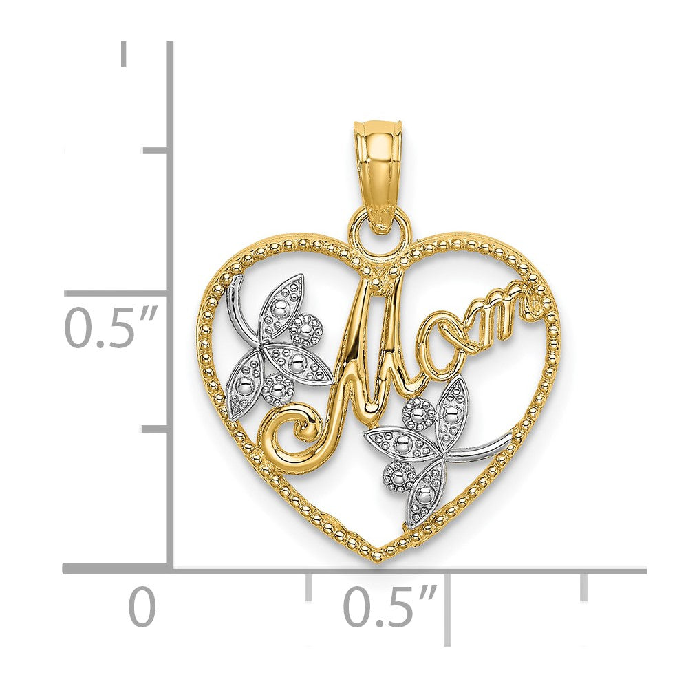 10k Yellow w/Rhodium 16.8 mm Beaded Heart W/ MOM Charm (1.02 grams)