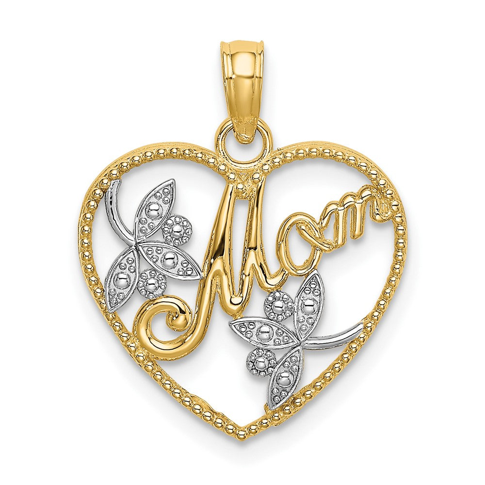 10k Yellow w/Rhodium 16.8 mm Beaded Heart W/ MOM Charm (1.02 grams)