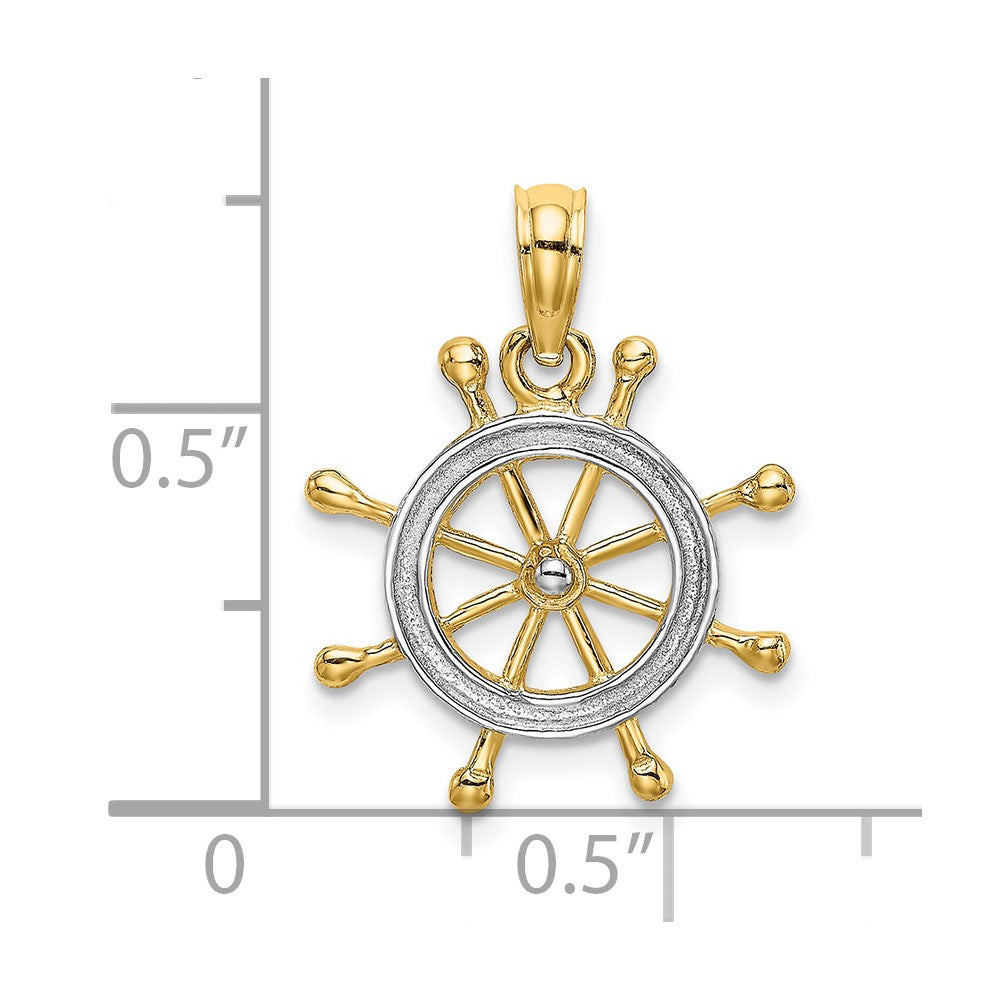 10k Yellow w/Rhodium 16.5 mm Ships Wheel Pendant (0.96 grams)