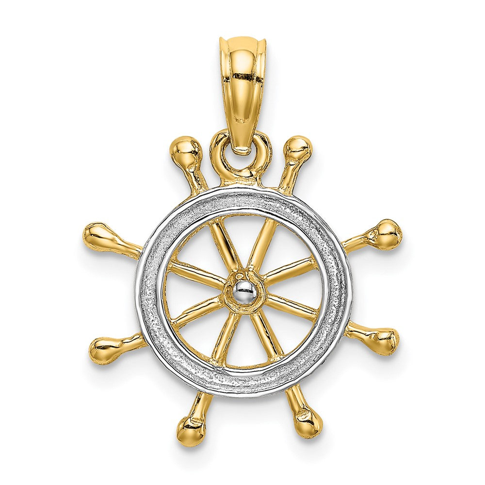10k Yellow w/Rhodium 16.5 mm Ships Wheel Pendant (0.96 grams)