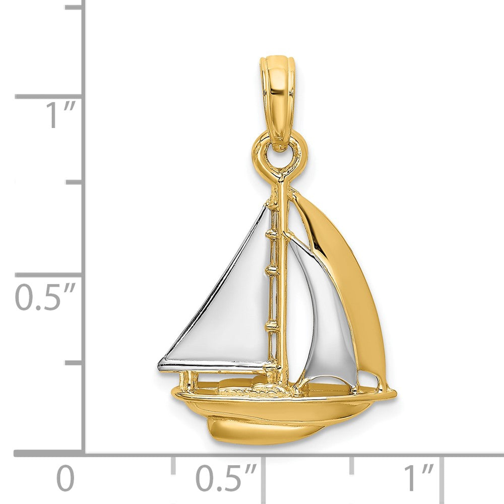10k Yellow w/Rhodium 15.4 mm 3-D Polished Sailboat Charm (1.37 grams)