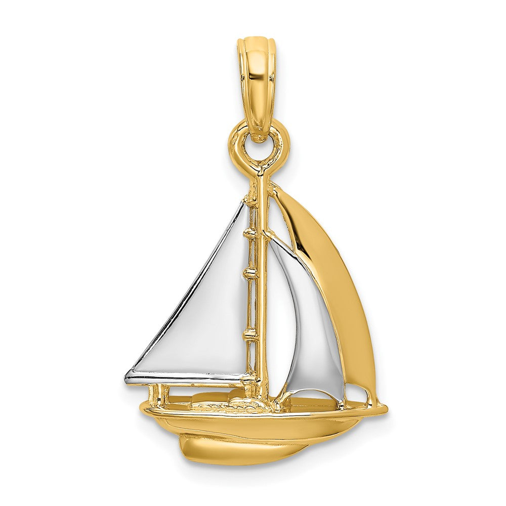 10k Yellow w/Rhodium 15.4 mm 3-D Polished Sailboat Charm (1.37 grams)