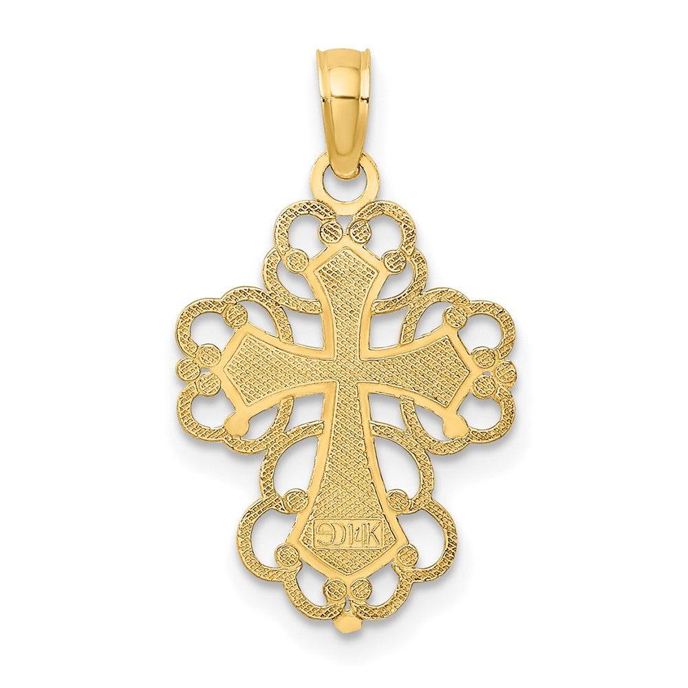 10k Yellow w/Rhodium 13 mm Beaded Lace Trim Cross Charm (0.74 grams)