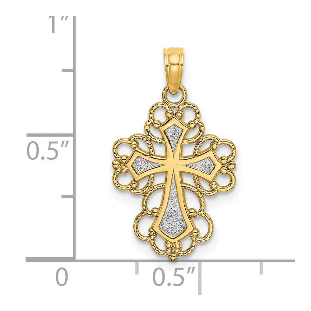 10k Yellow w/Rhodium 13 mm Beaded Lace Trim Cross Charm (0.74 grams)