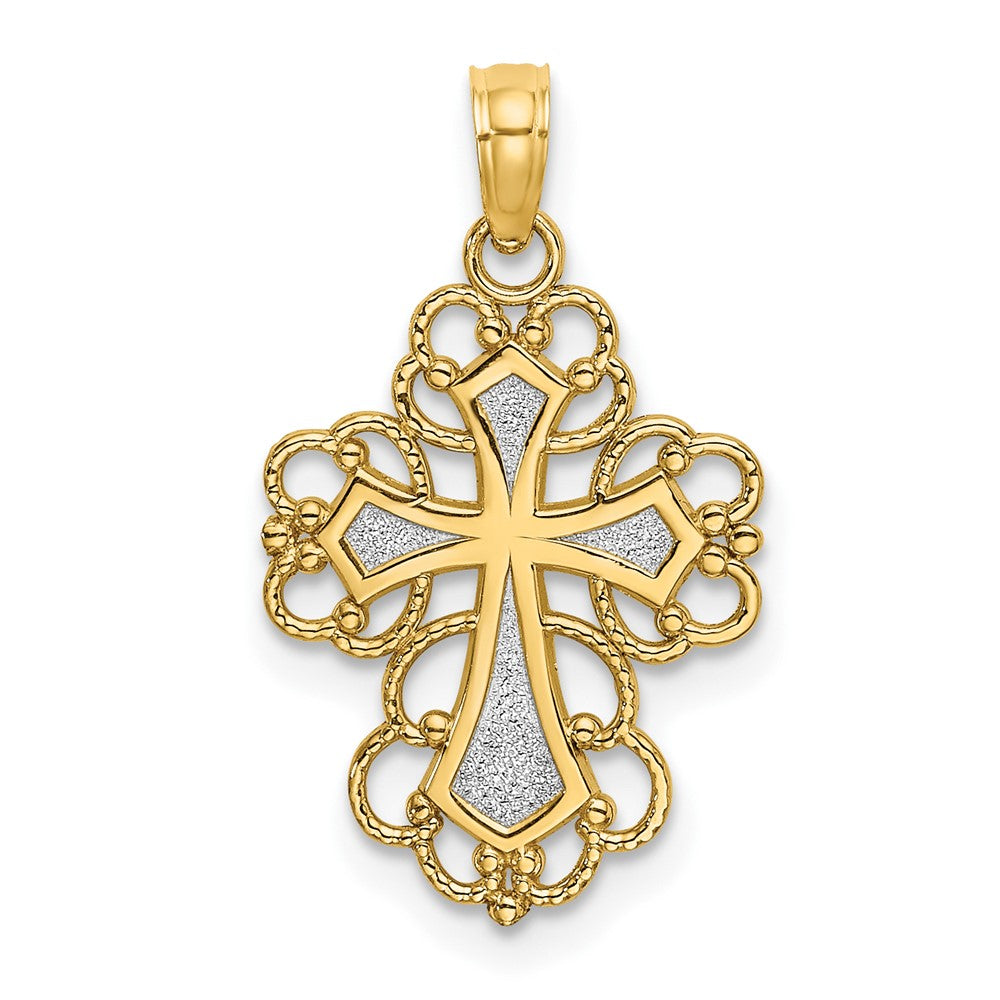 10k Yellow w/Rhodium 13 mm Beaded Lace Trim Cross Charm (0.74 grams)