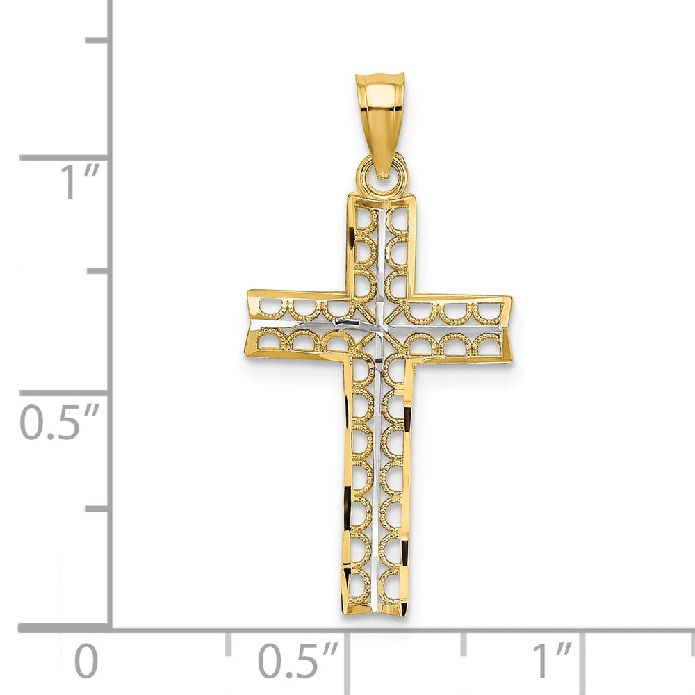 10k Yellow w/Rhodium 15 mm D/C Filigree Cross Pendant (0.81 grams)