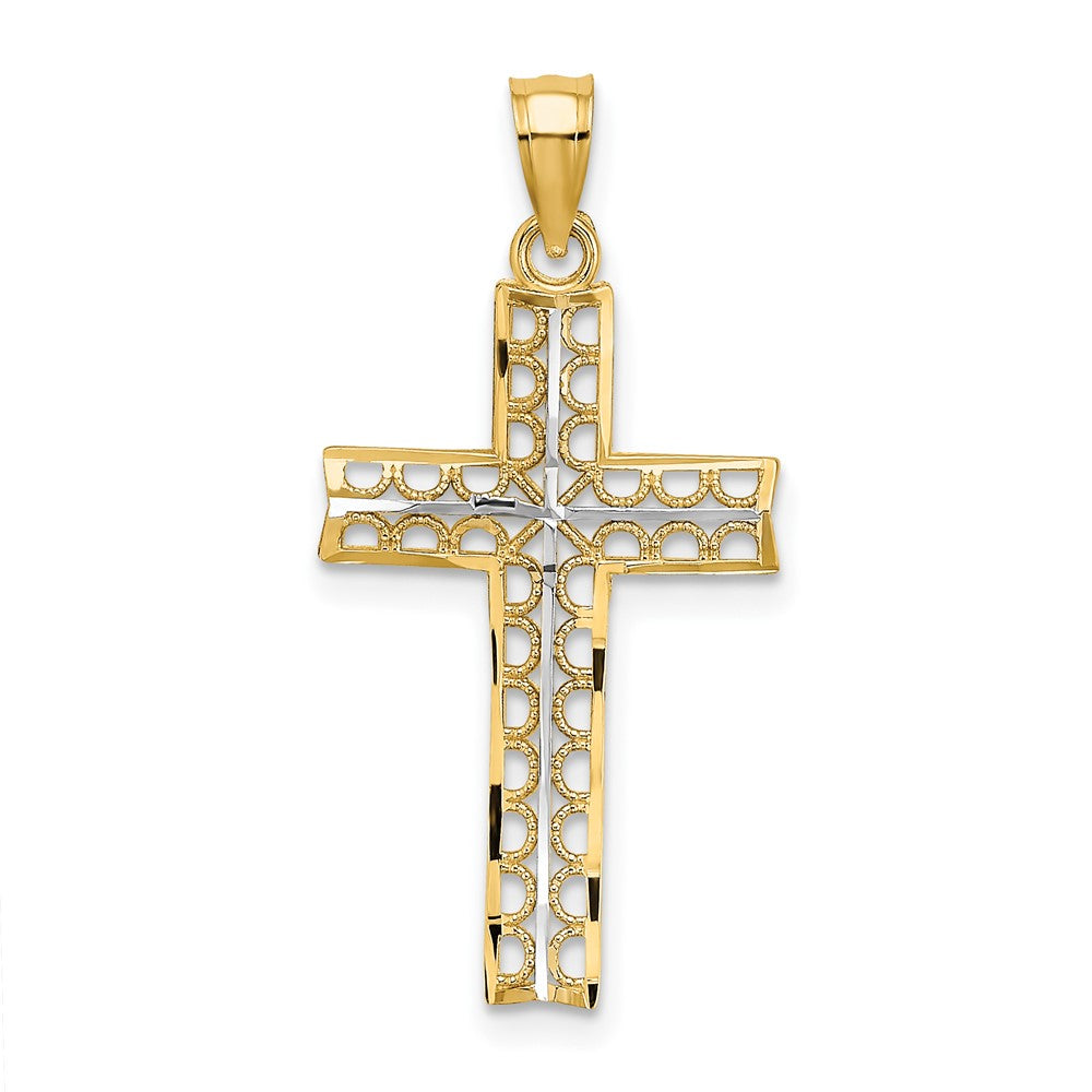 10k Yellow w/Rhodium 15 mm D/C Filigree Cross Pendant (0.81 grams)