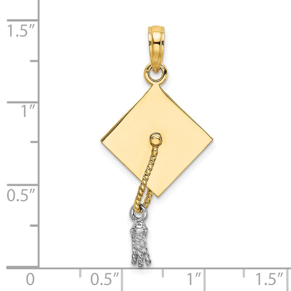 10k Yellow w/Rhodium 15.5 mm 3-D Graduation Cap Moveable Tassle Charm (1.91 grams)