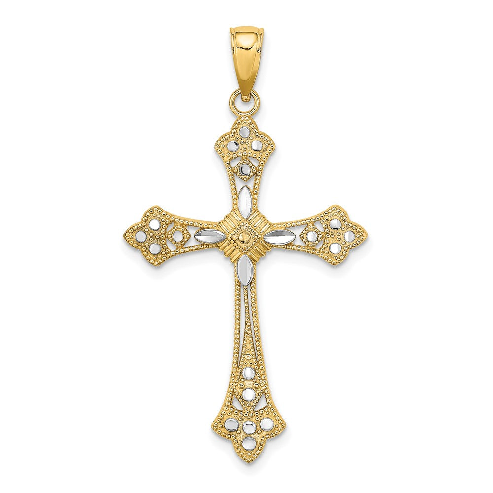 10k Yellow w/Rhodium 24 mm D/C Edges Cross Charm (1.8 grams)