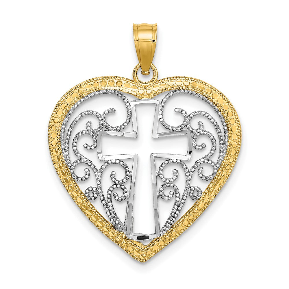 10k Yellow w/Rhodium 22 mm Cut-Out Beaded Filigree Heart W/ Cross Charm (1.72 grams)