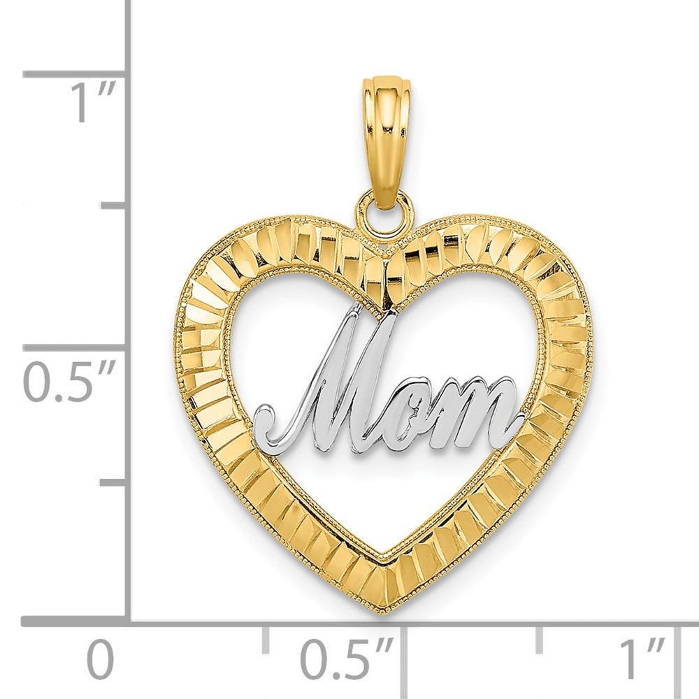 10k Yellow w/Rhodium 19.4 mm D/C Heart Frame MOM Charm (1.14 grams)