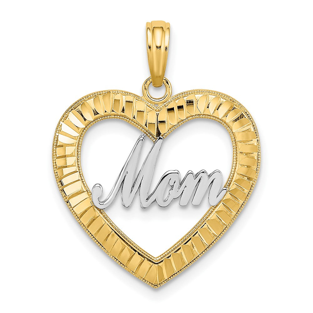 10k Yellow w/Rhodium 19.4 mm D/C Heart Frame MOM Charm (1.14 grams)