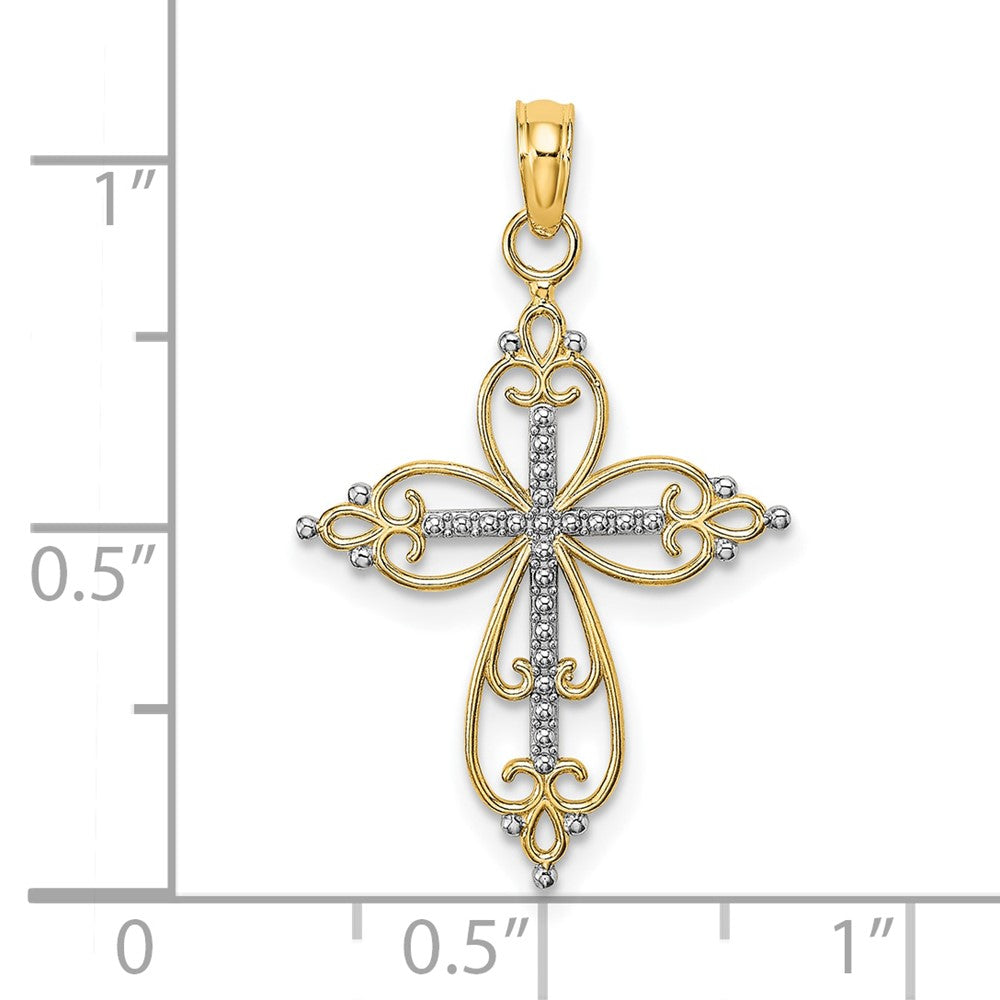 10k Yellow w/Rhodium 18.5 mm Beaded Cross Charm (0.7 grams)