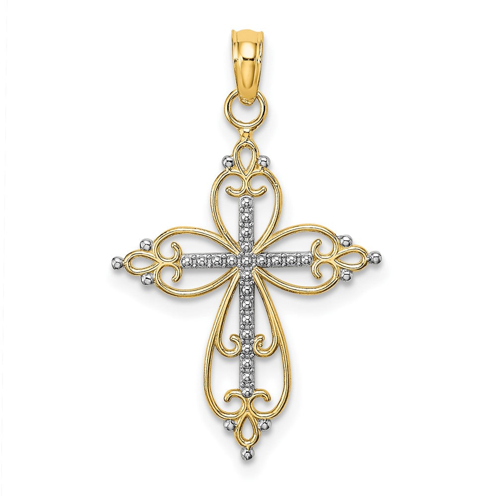 10k Yellow w/Rhodium 18.5 mm Beaded Cross Charm (0.7 grams)