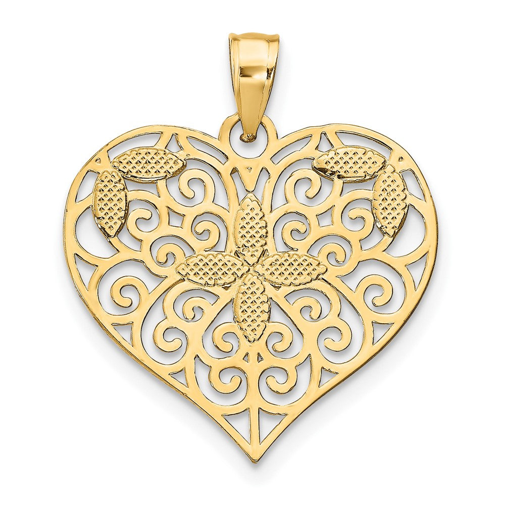 10k Yellow w/Rhodium 21.8 mm Cut-Out Filigree Flower and Heart Charm (1.15 grams)