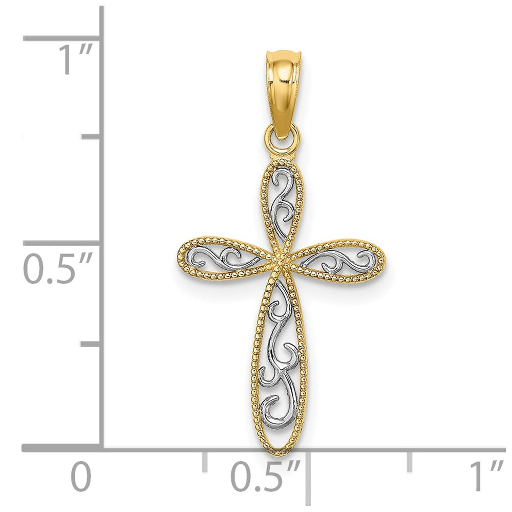 10k Yellow w/Rhodium 14 mm Filigree and Milgrain Cross Charm (0.64 grams)