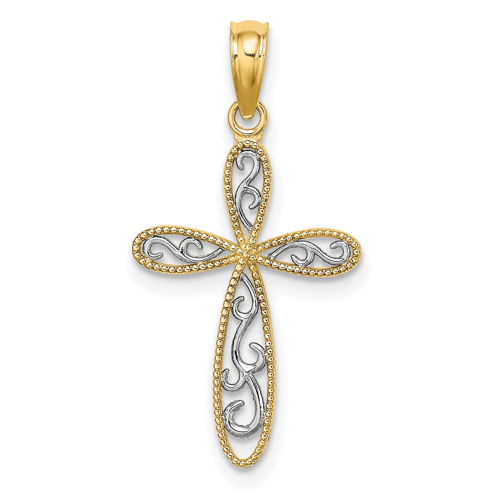 10k Yellow w/Rhodium 14 mm Filigree and Milgrain Cross Charm (0.64 grams)