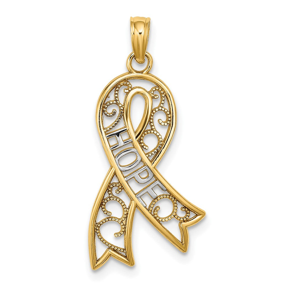 10k Yellow w/Rhodium 14 mm Filigree Ribbon HOPE Charm (0.91 grams)