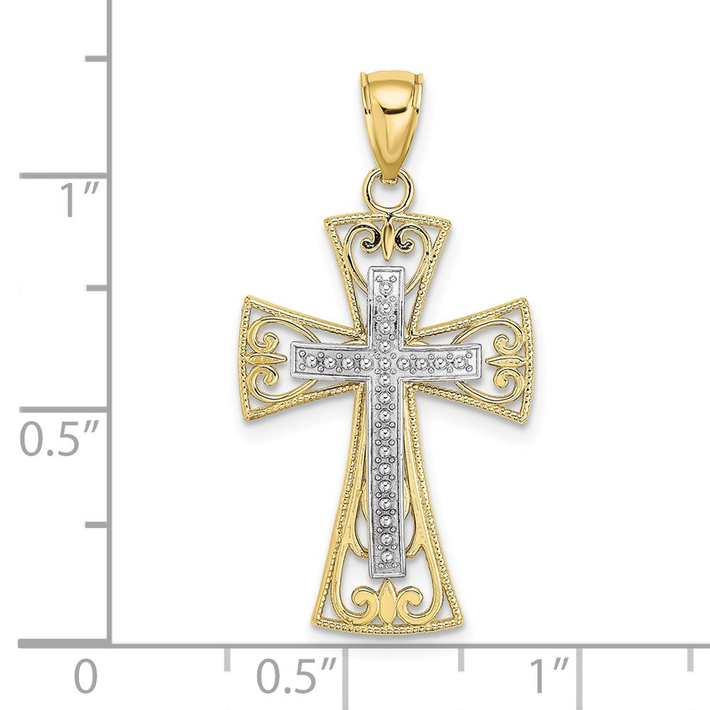 10k Two-tone 18 mm Two-tone 2-D and D/C Beaded Filigree Cross Charm (1.28 grams)