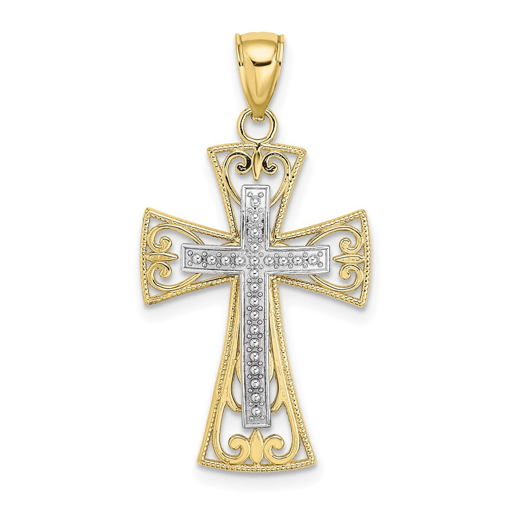 10k Two-tone 18 mm Two-tone 2-D and D/C Beaded Filigree Cross Charm (1.28 grams)