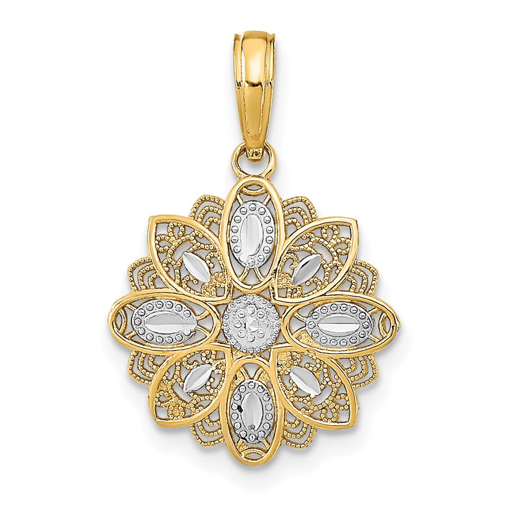 10k Yellow w/Rhodium 15 mm and D/C Filigree Flower Charm (0.85 grams)