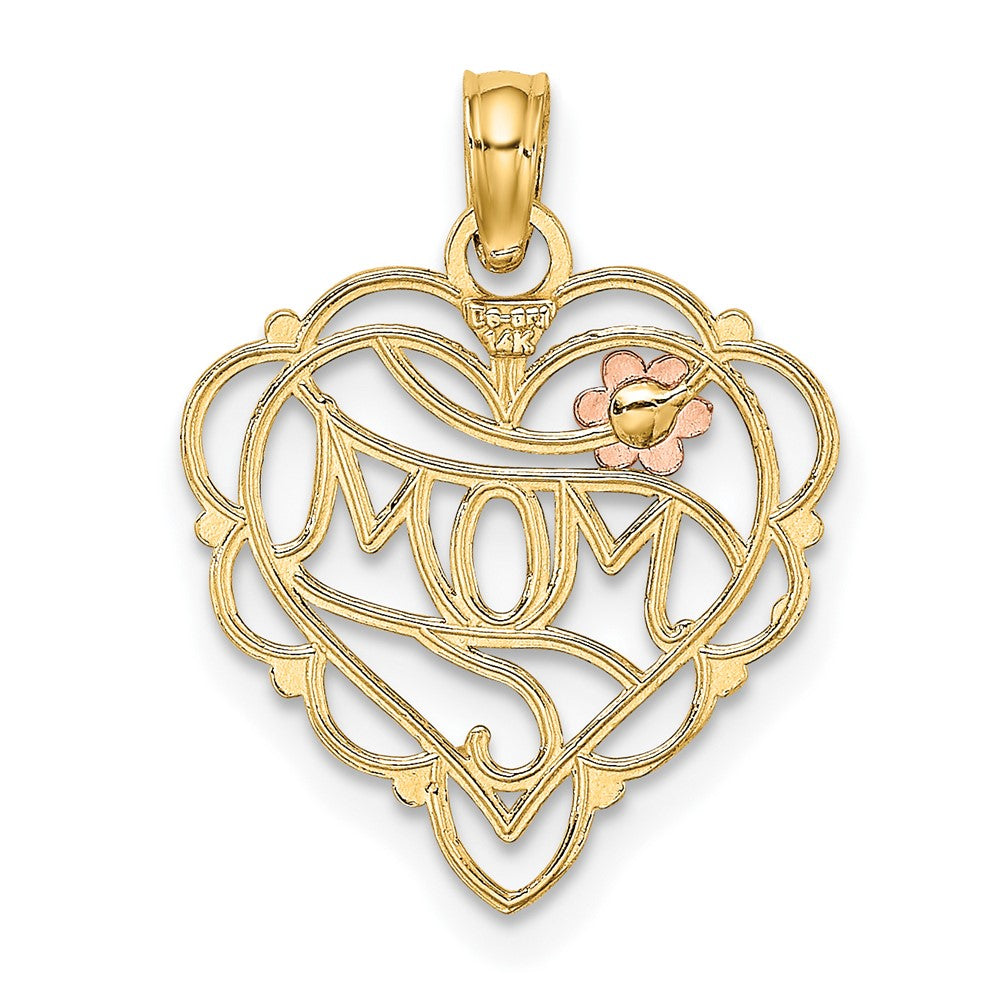 10k Two-tone 16.2 mm MOM Heart W/ Flower Charm (0.83 grams)