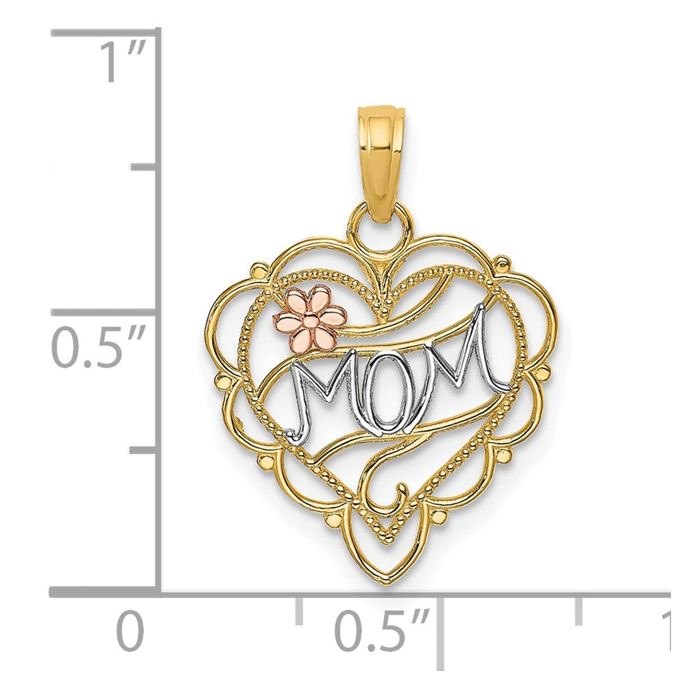 10k Two-tone 16.2 mm MOM Heart W/ Flower Charm (0.83 grams)