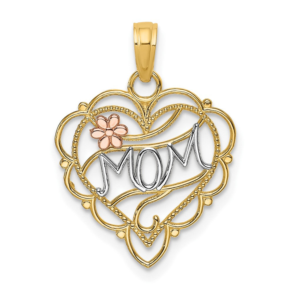 10k Two-tone 16.2 mm MOM Heart W/ Flower Charm (0.83 grams)