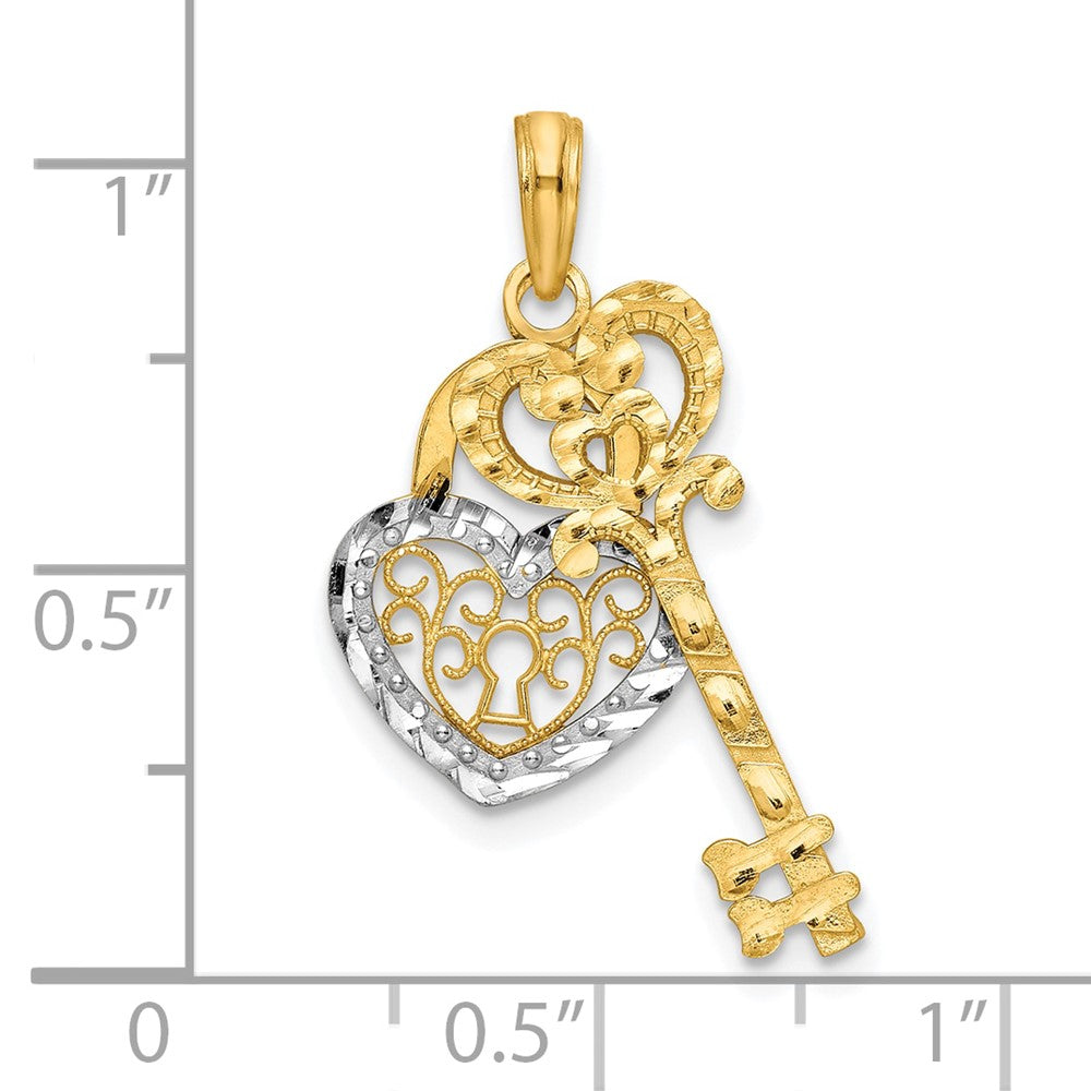 10k Yellow w/Rhodium 11.9 mm Filigree Heart Lock and Key Pendant (1.3 grams)