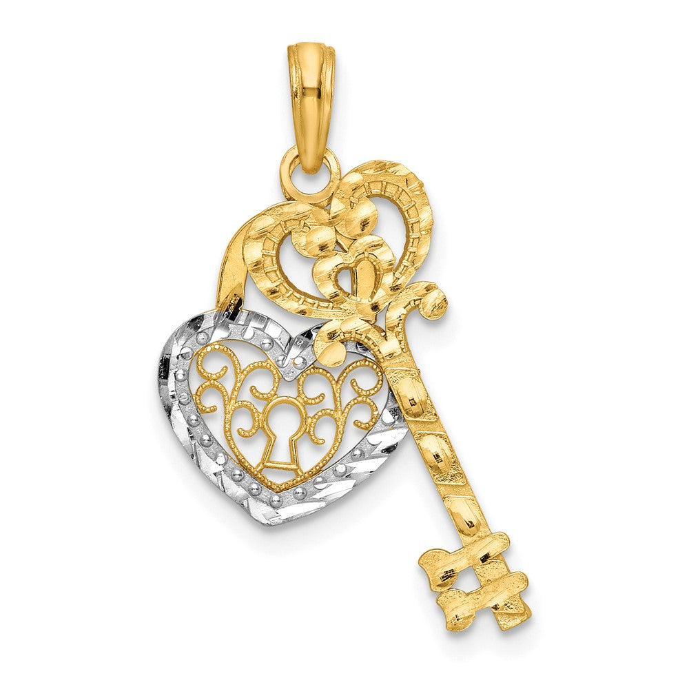 10k Yellow w/Rhodium 11.9 mm Filigree Heart Lock and Key Pendant (1.3 grams)