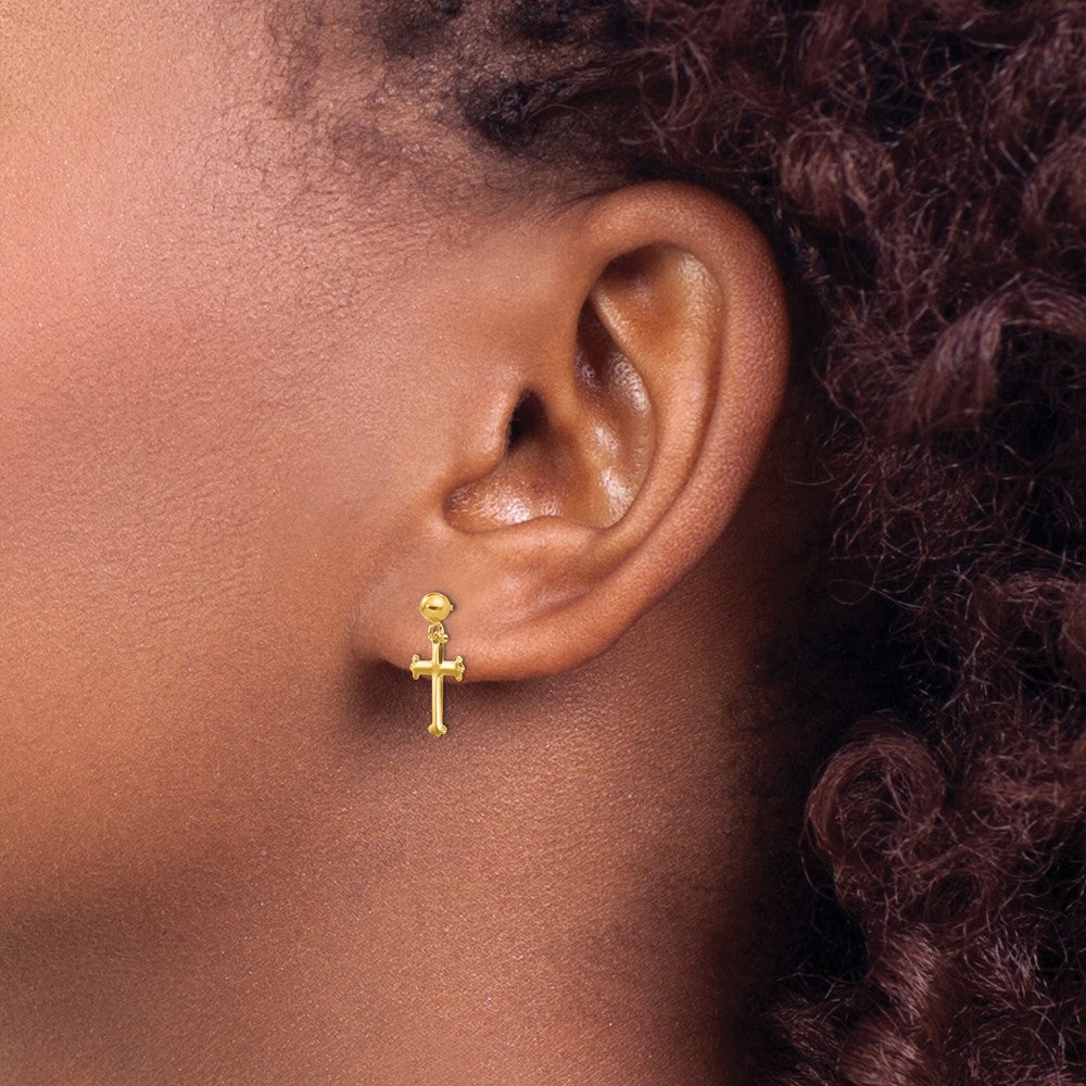 10k Yellow Gold 8 mm Cross Dangle Post Earrings (0.23 grams)