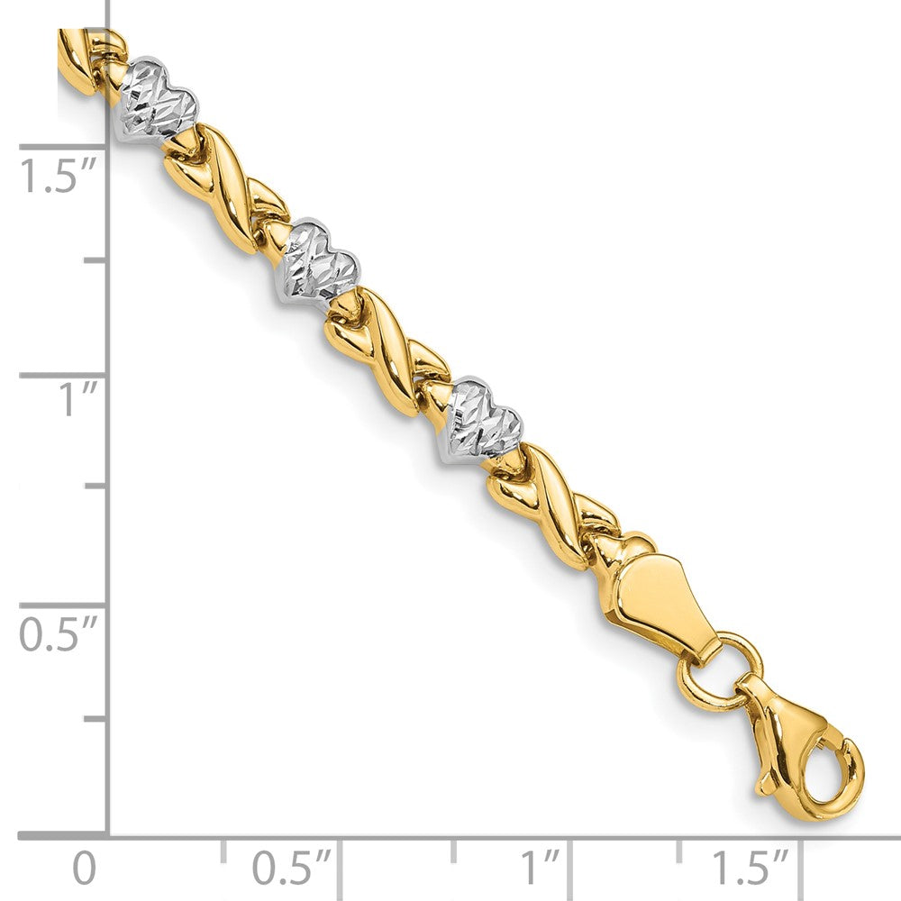 10k Yellow w/Rhodium 4 mm Polished Heart and X Bracelet (3.63 grams)
