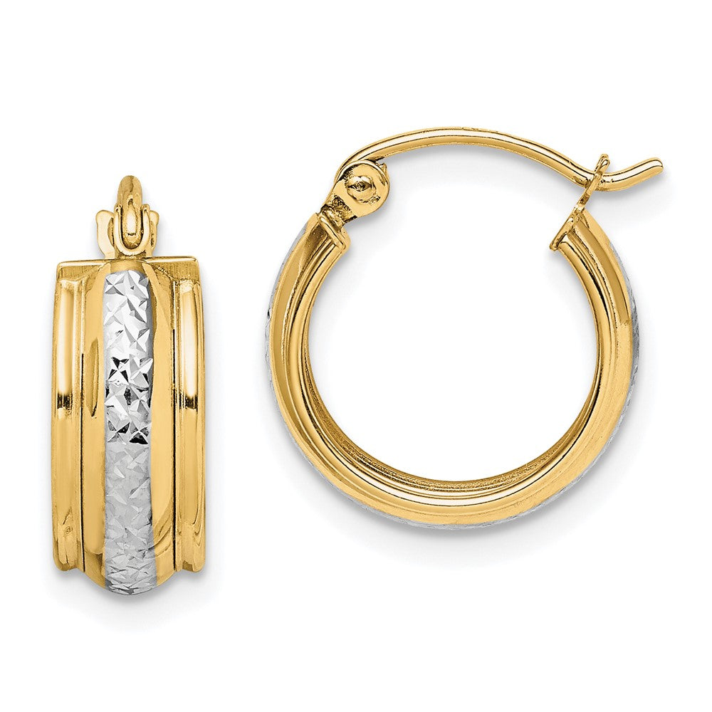 10k Yellow w/Rhodium 15 mm Diamond Cut Small Hoop Earrings (1.15 grams)