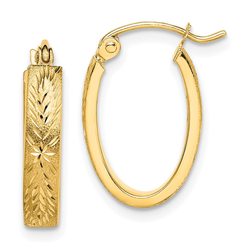 10k Yellow Gold 13 mm Brushed Diamond Cut Oval Hoop Earrings (1.02 grams)