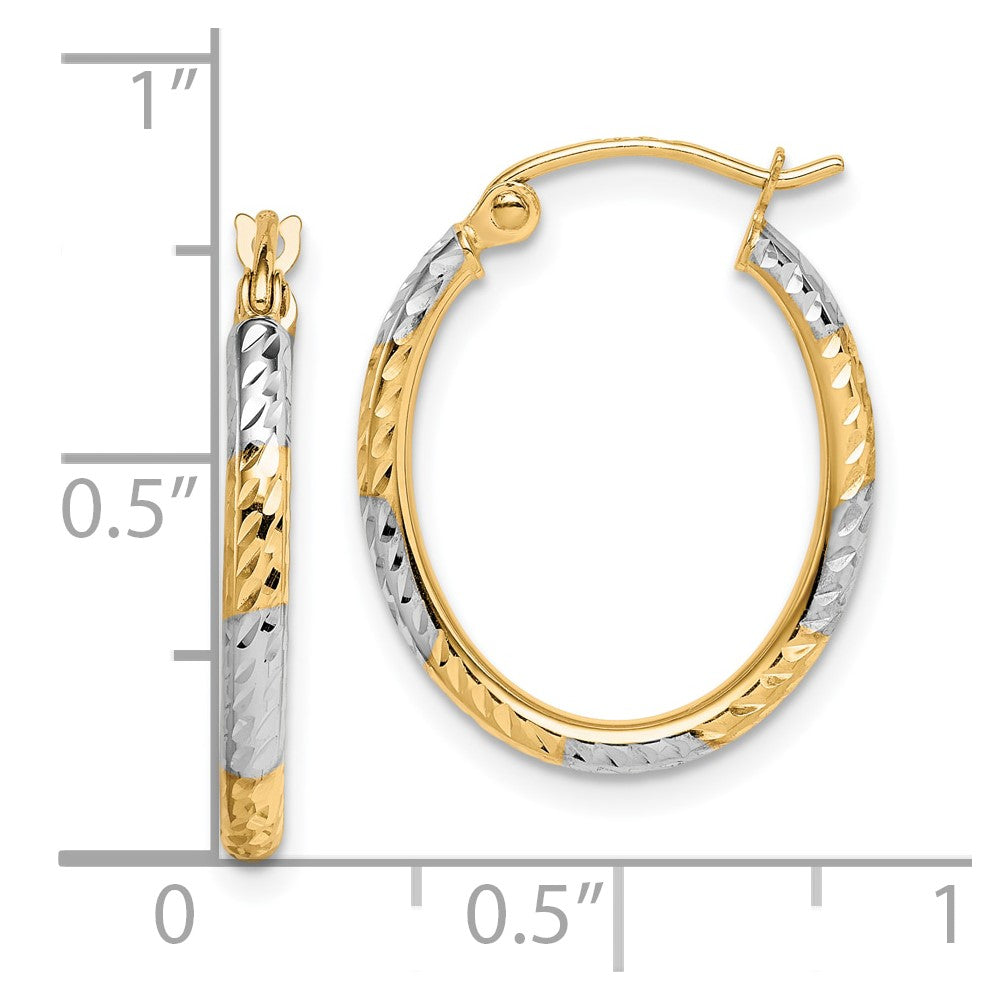 10k Yellow w/Rhodium 16 mm Diamond Cut Patterned Oval Hoop Earrings (0.92 grams)