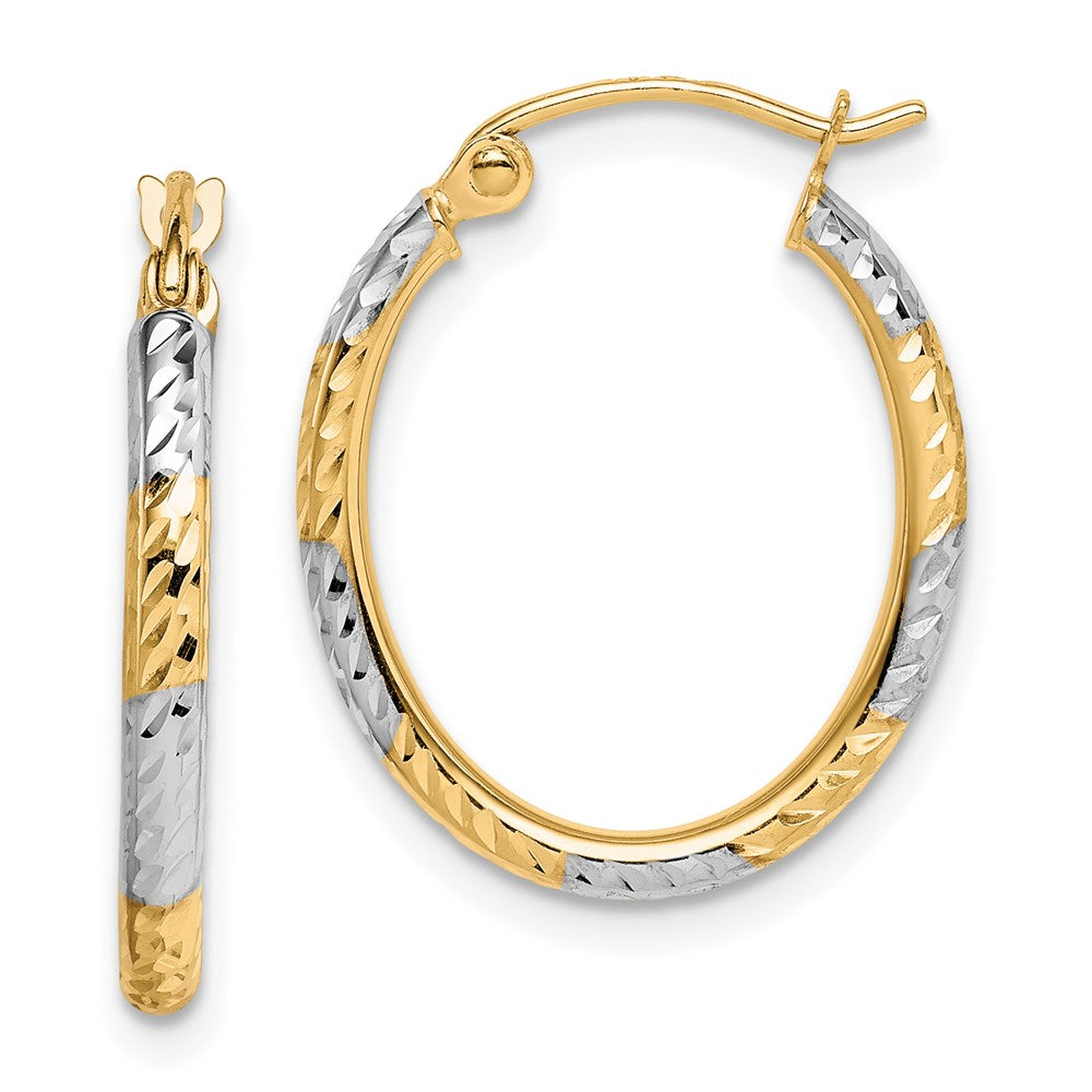 10k Yellow w/Rhodium 16 mm Diamond Cut Patterned Oval Hoop Earrings (0.92 grams)