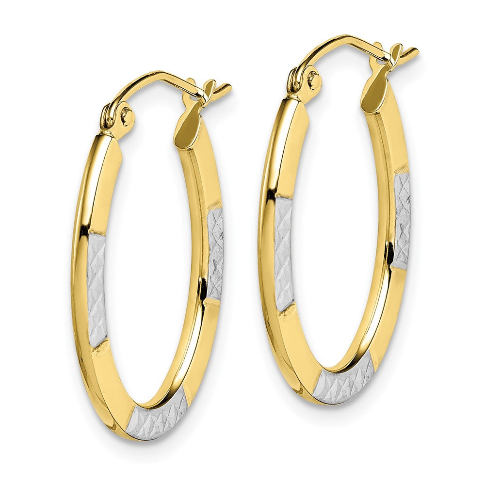 10k Yellow w/Rhodium 18 mm Diamond Cut Oval Hoop Earrings (1 grams)
