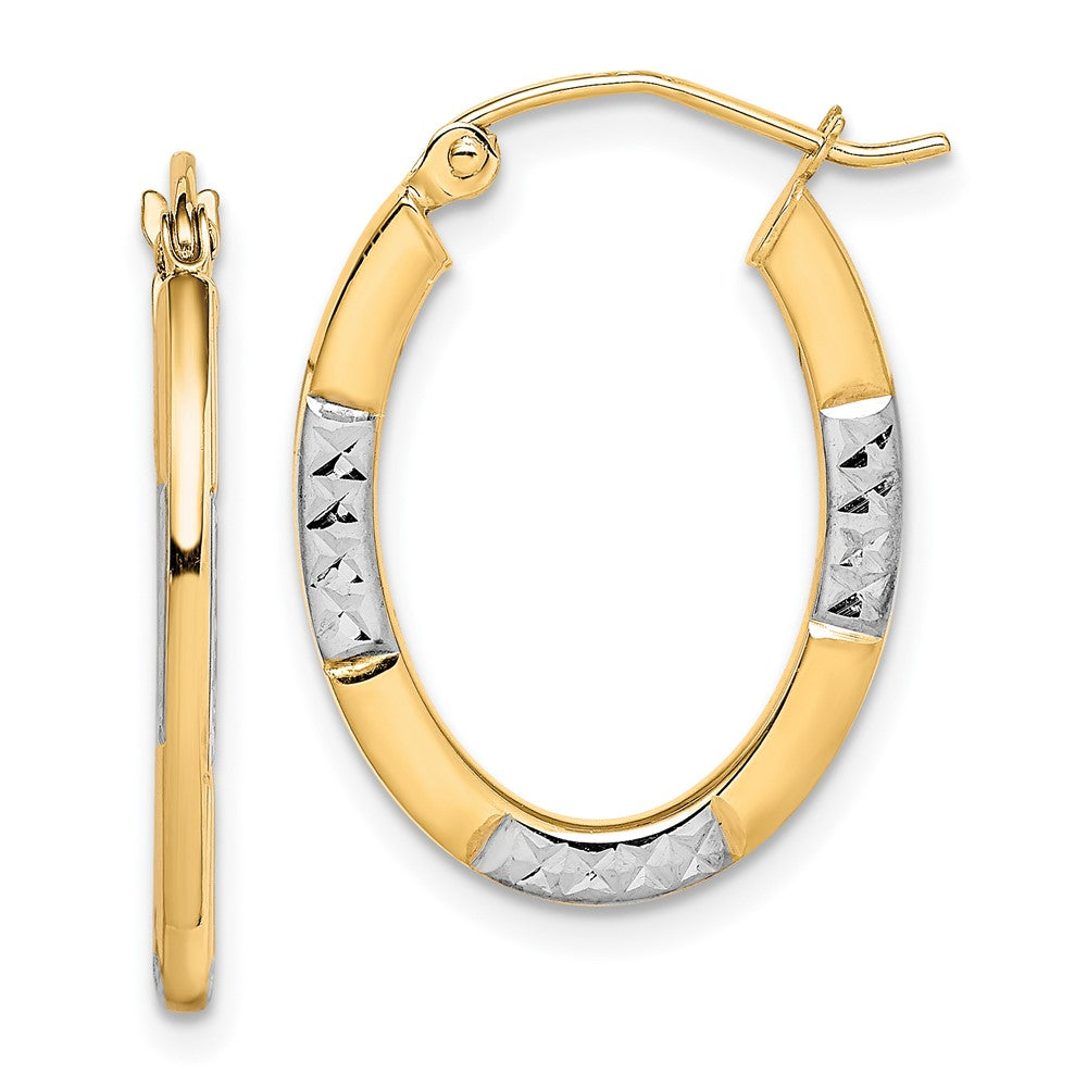 10k Yellow w/Rhodium 18 mm Diamond Cut Oval Hoop Earrings (1 grams)
